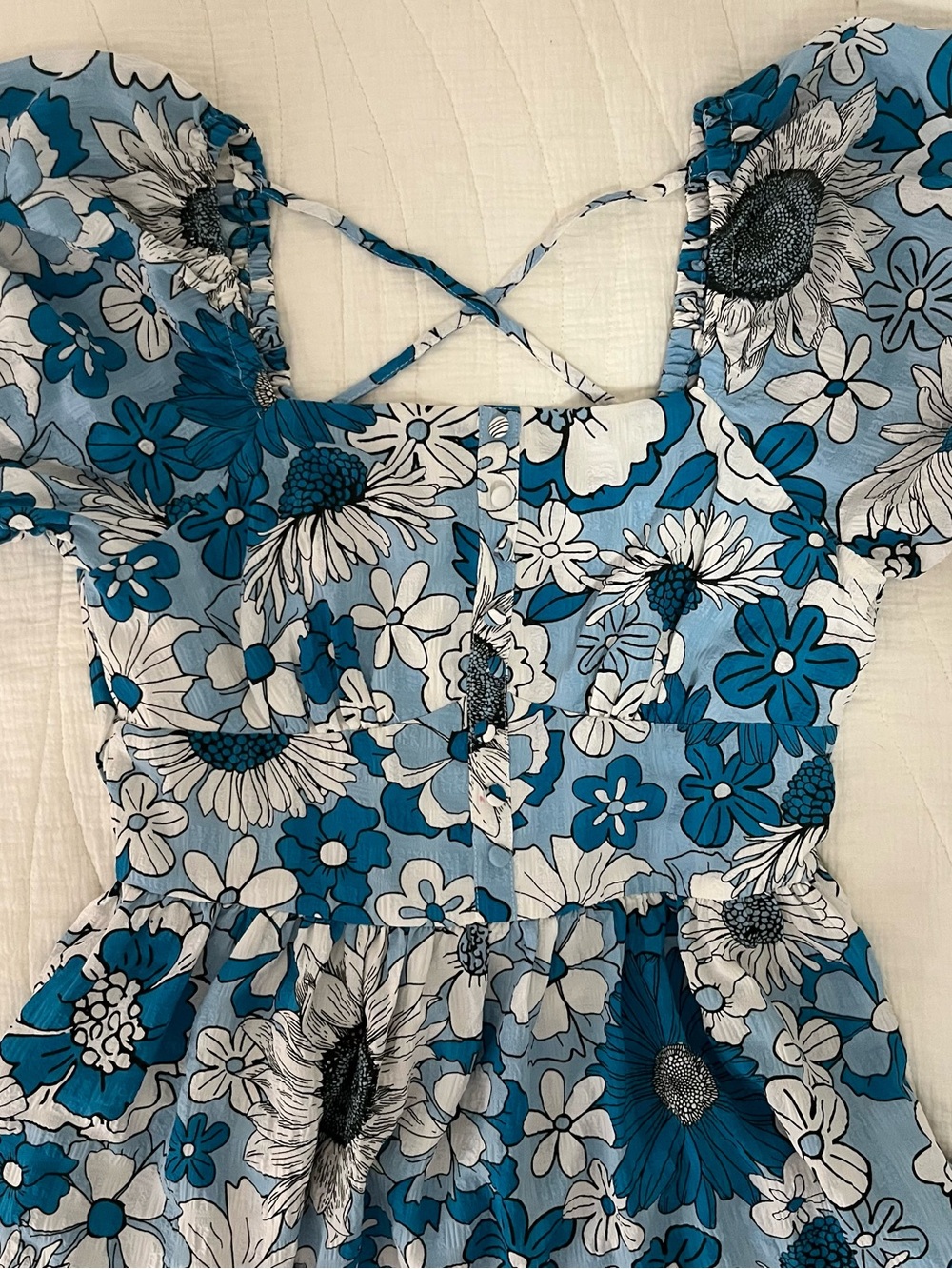 Blue & White Floral Puff Sleeve Sundress